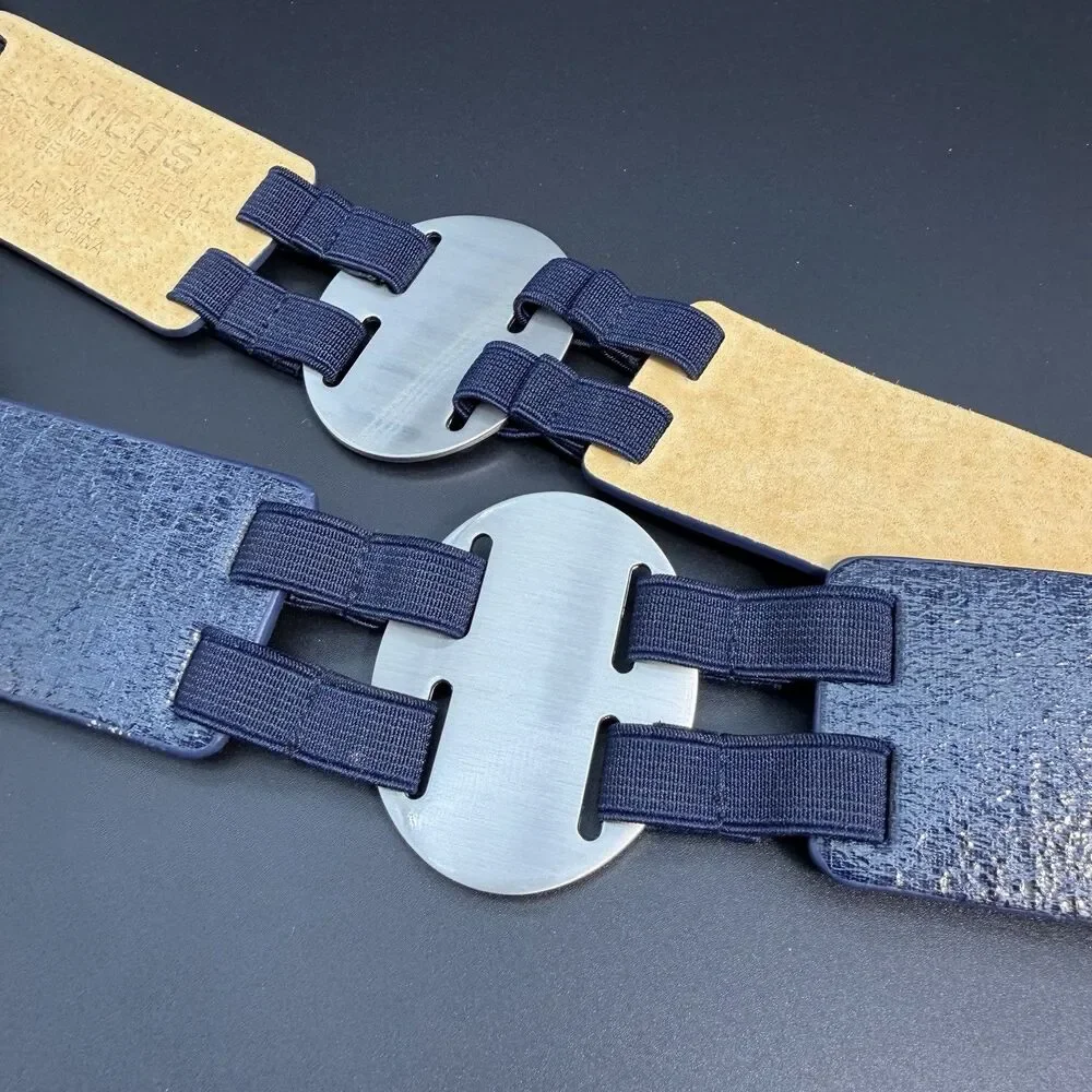 Chico's Women’s Leather and Elastic Expansion Belt Navy Blue Silver Hardware NWT